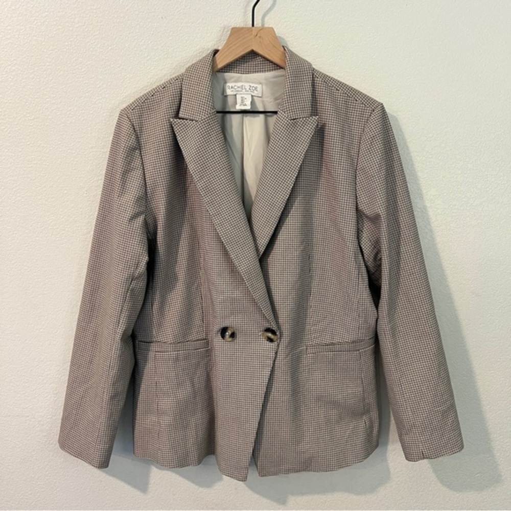 Rachel Zoe Checked Stretch Knit Double‎ Breasted Long Length Blazer Size L
